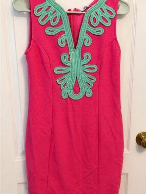 Bright Pink Sleeveless Dress with Mint Embroidered Trim
